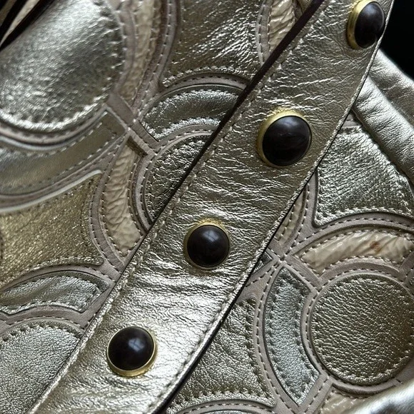 Coach Kristen Hobo Op Art Silver Gold Shoulder Bag Patchwork Beige Leather Purs - Picture 8 of 16